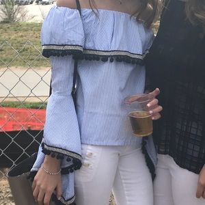 Pom Pom striped off the shoulder